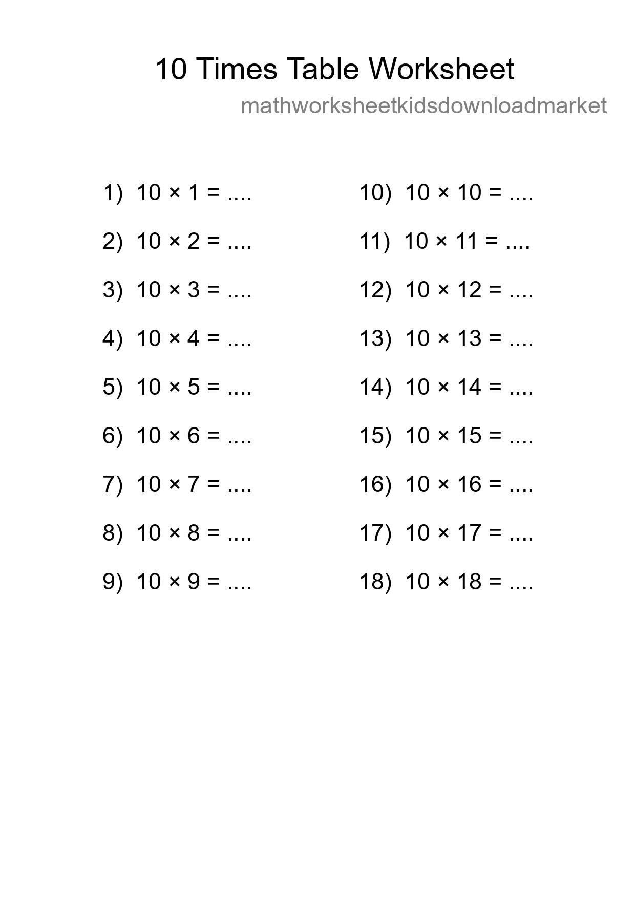 10 Times Table Worksheet For Grade 3 With Answers - Part 64