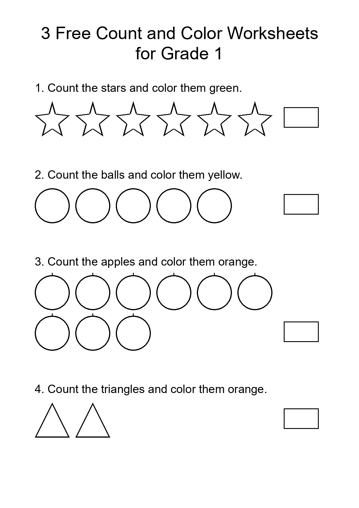 3 Free Count and Color Worksheets for Grade 1