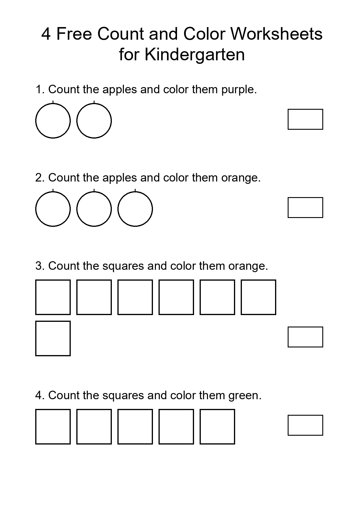 4 Free Count and Color Worksheets for Kindergarten