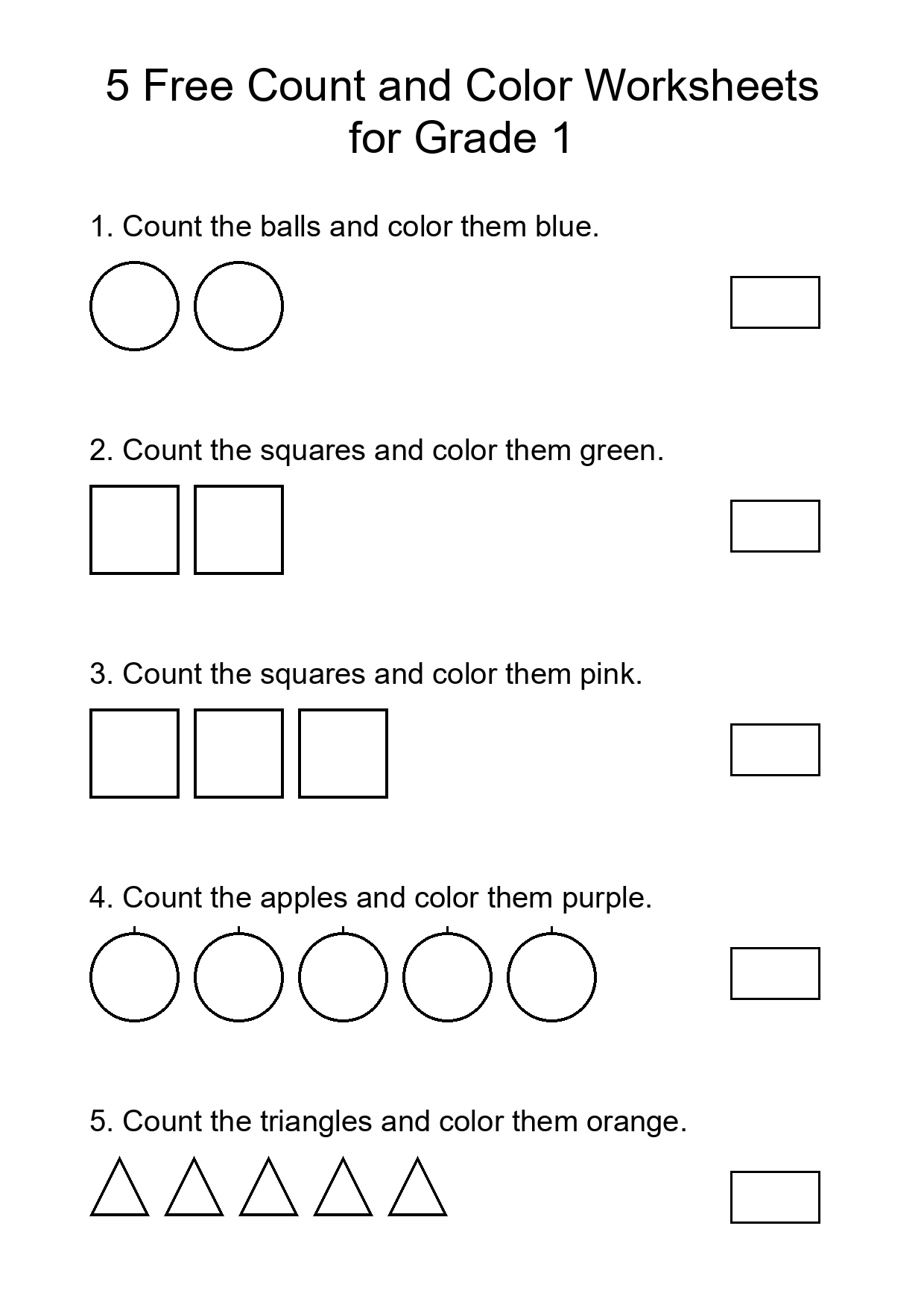 5 Free Count and Color Worksheets for Grade 1