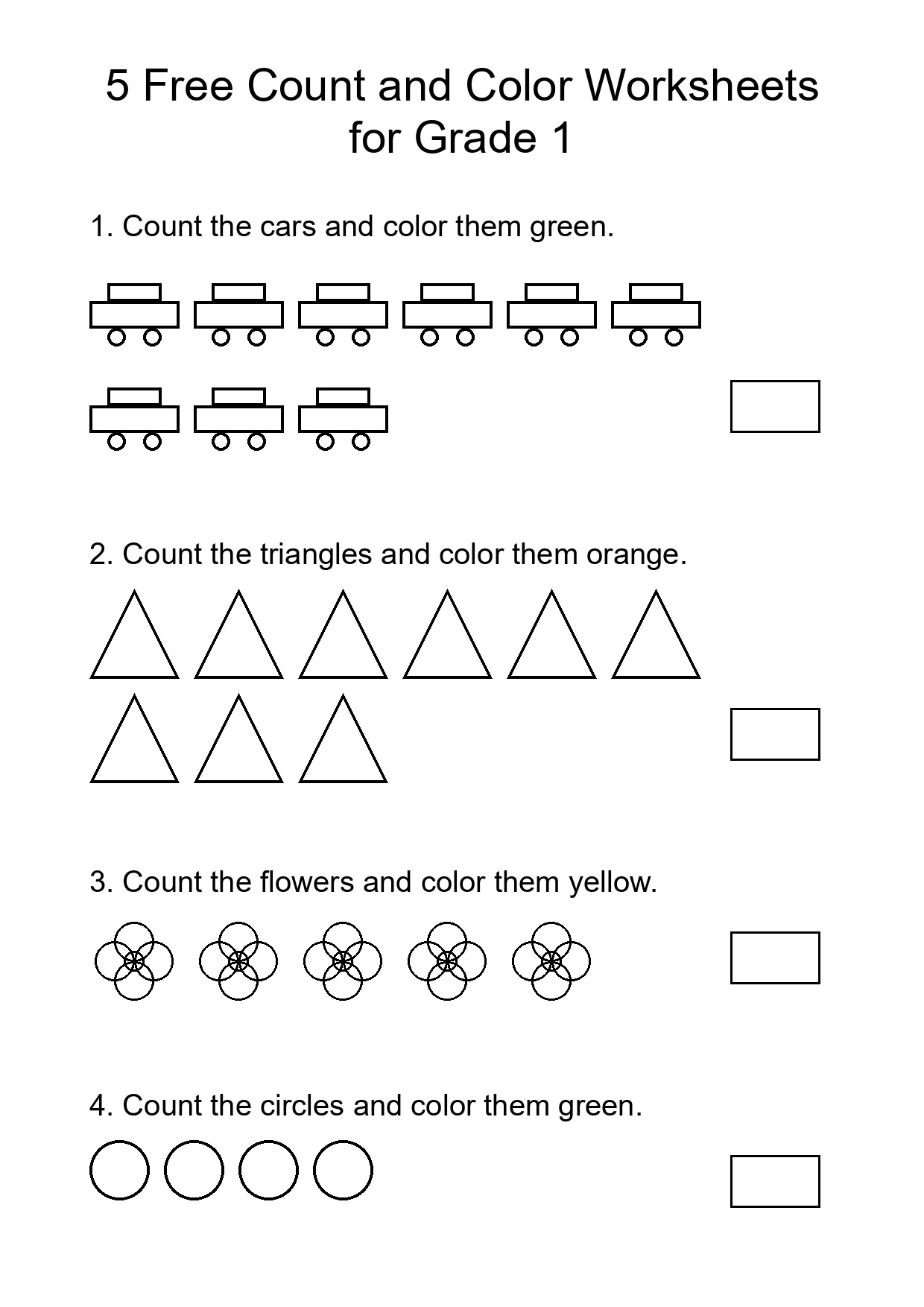 5 Free Count and Color Worksheets for Grade 1