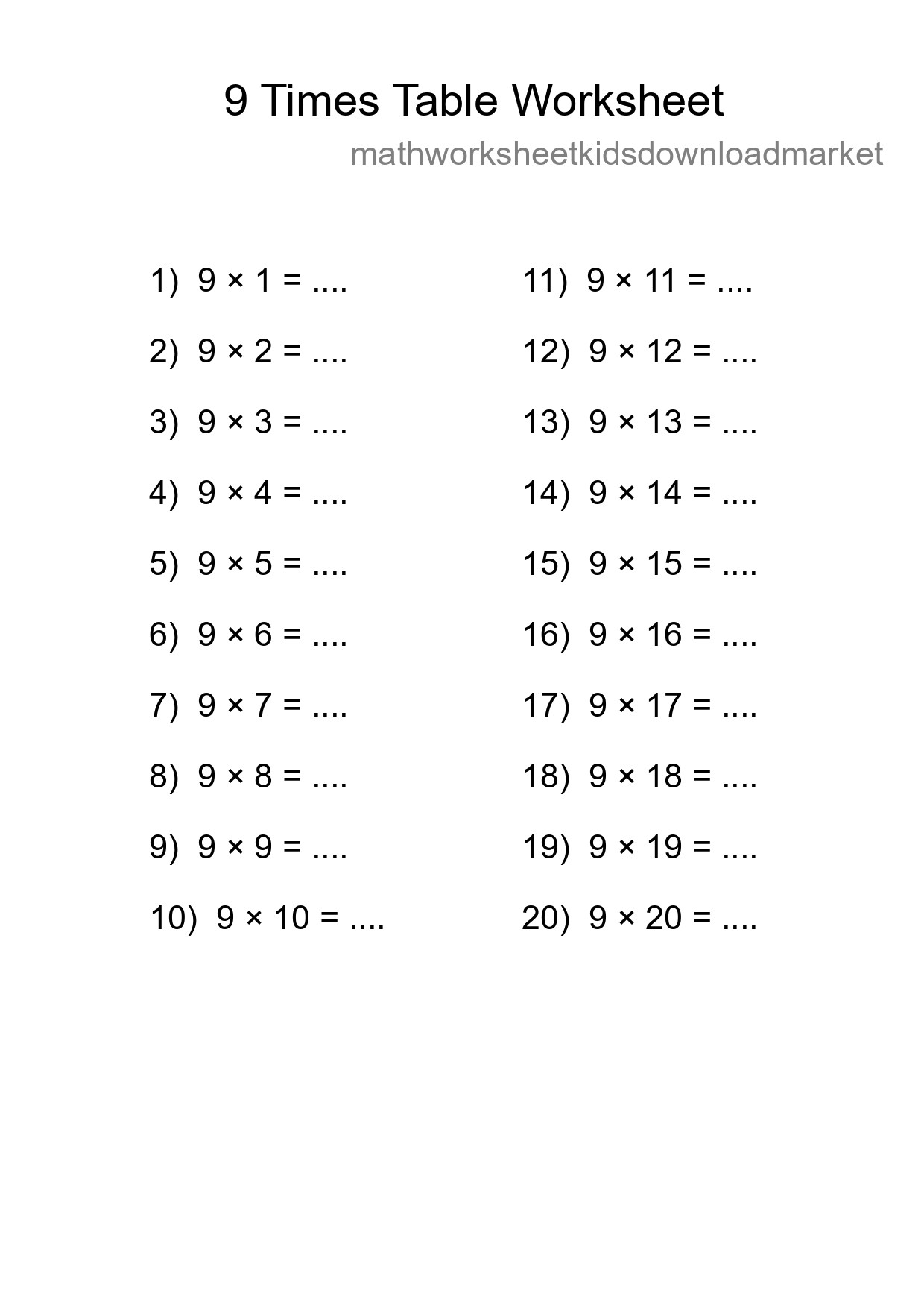 9 Times Table Worksheet For Grade 3 - Part 174