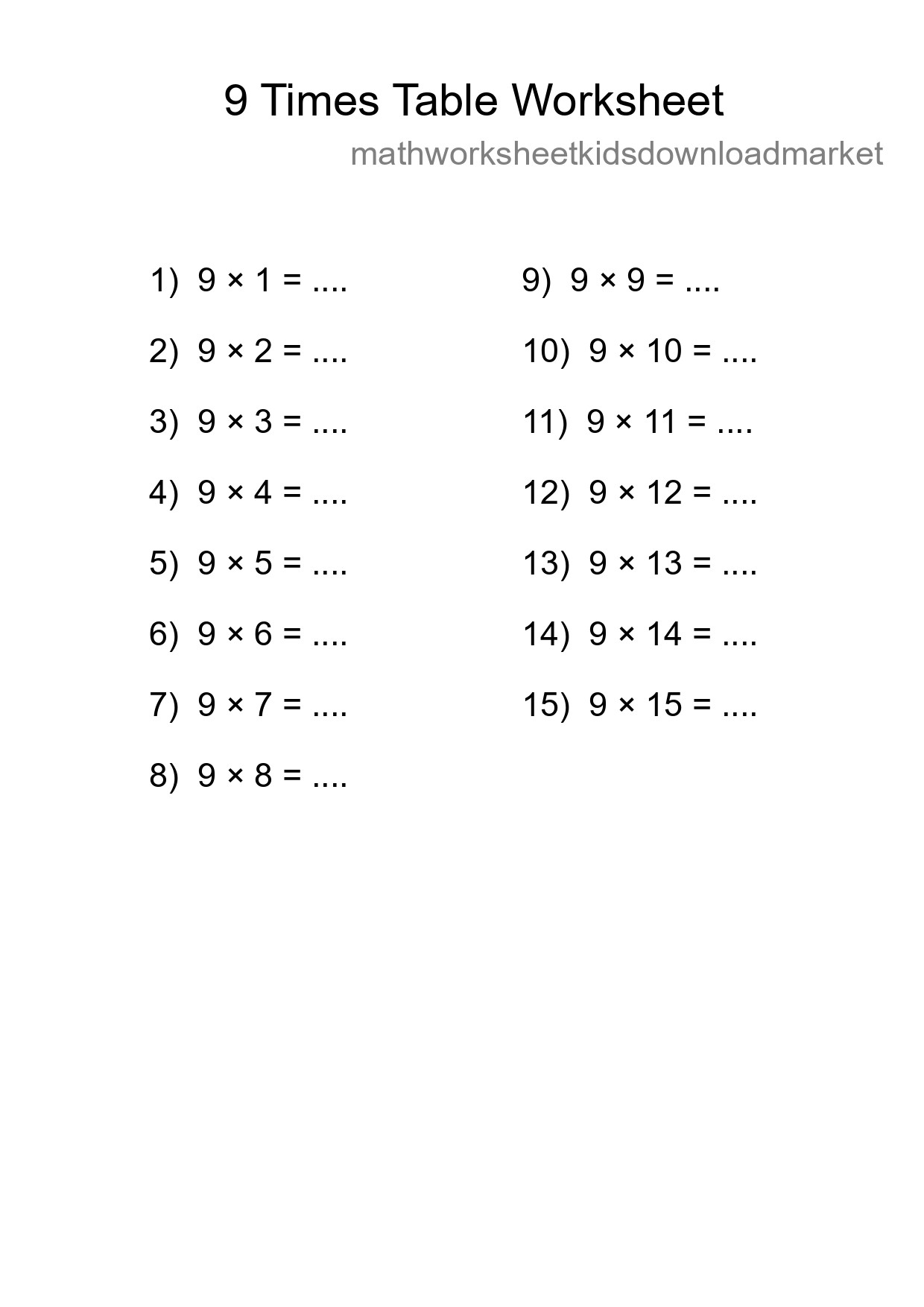 9 Times Table Worksheet For Grade 3 - Part 185