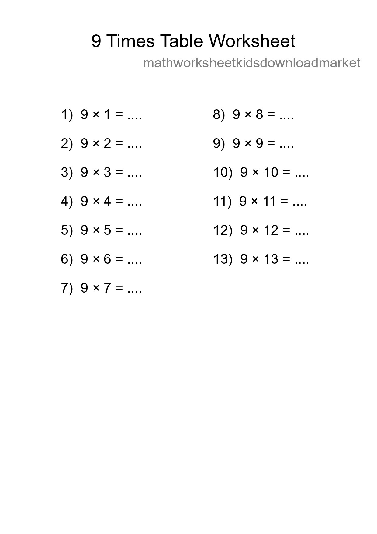 9 Times Table Worksheet For Grade 3 With Answers - Part 42