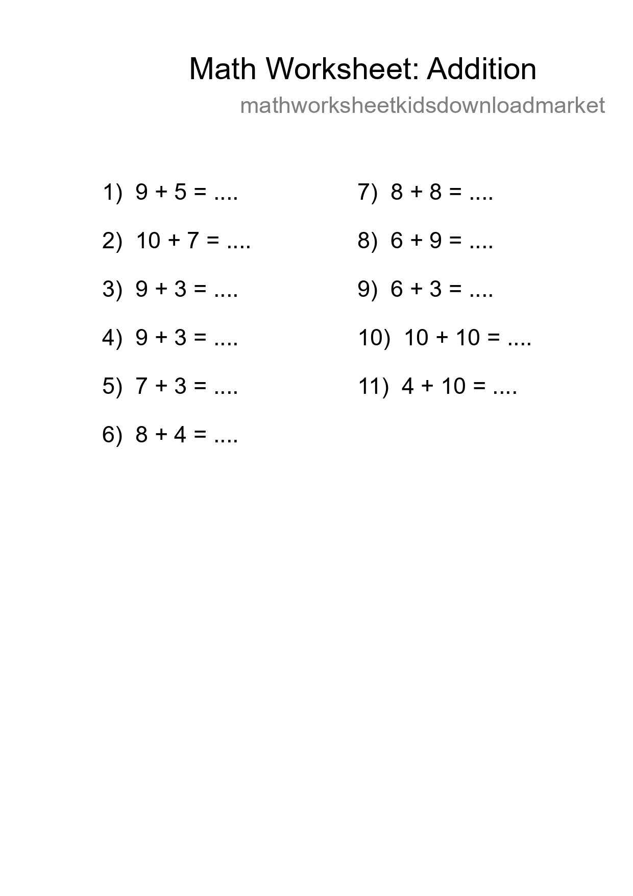 Free 11 Addition Math Worksheet For Grade 1