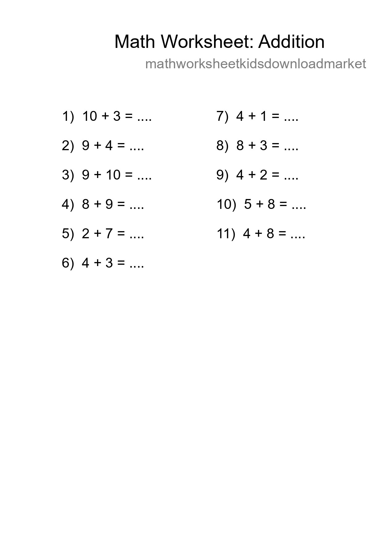 Free 11 Addition Math Worksheet For Grade 1 - Part 210