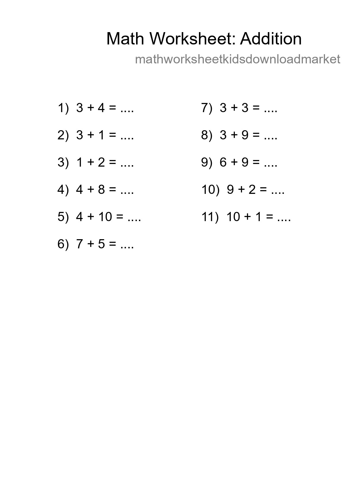 Free 11 Addition Math Worksheet For Grade 1 With Answers - Part 188