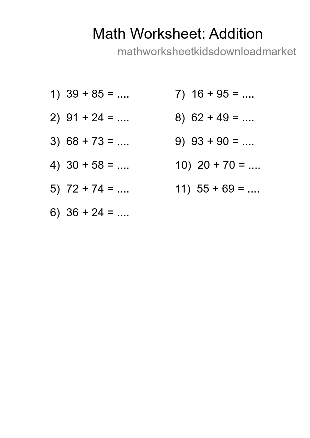 Free 11 Addition Math Worksheet For Grade 3 With Answers - Part 133