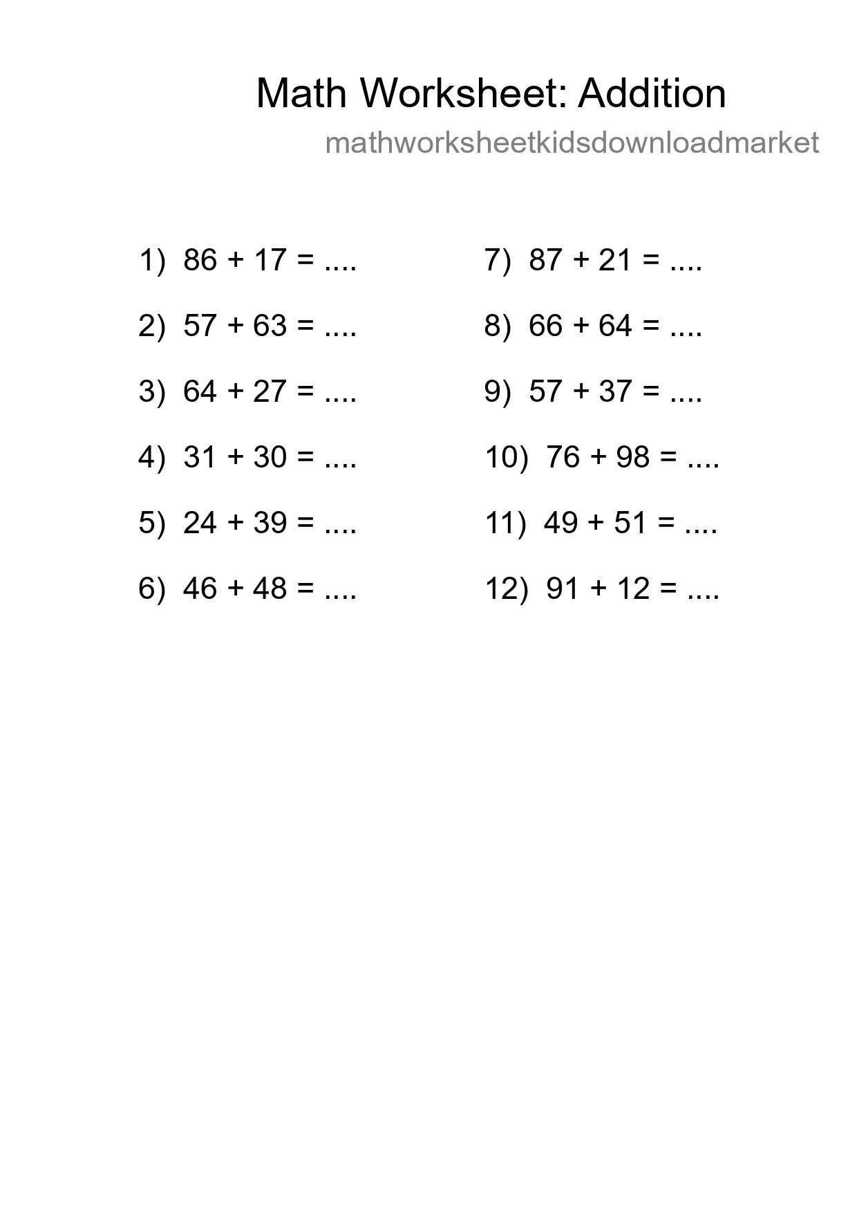 Free 12 Addition Math Worksheet For Grade 3 With Answers - Part 12