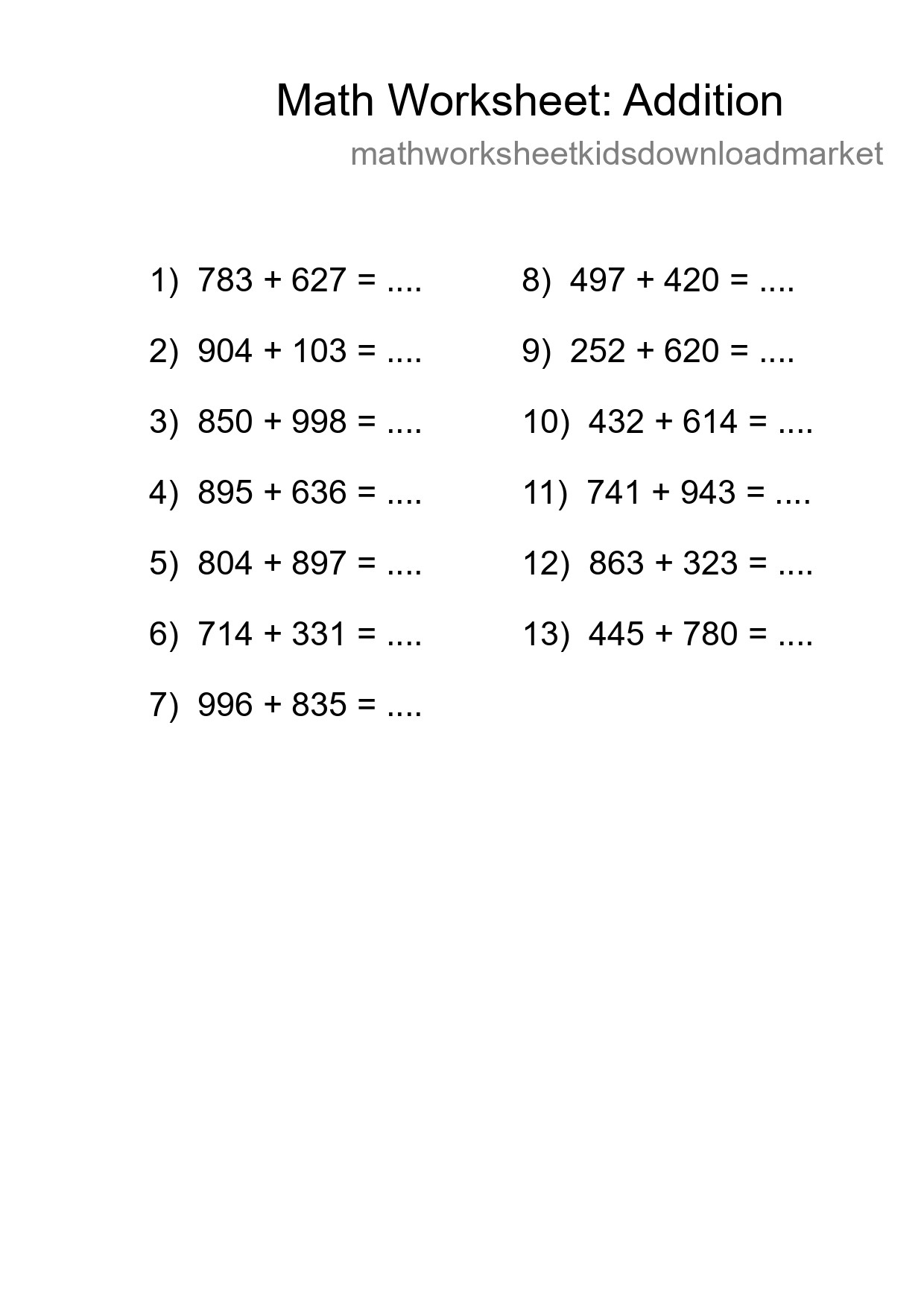 Free 13 Addition Math Worksheet For Grade 5 - Part 100