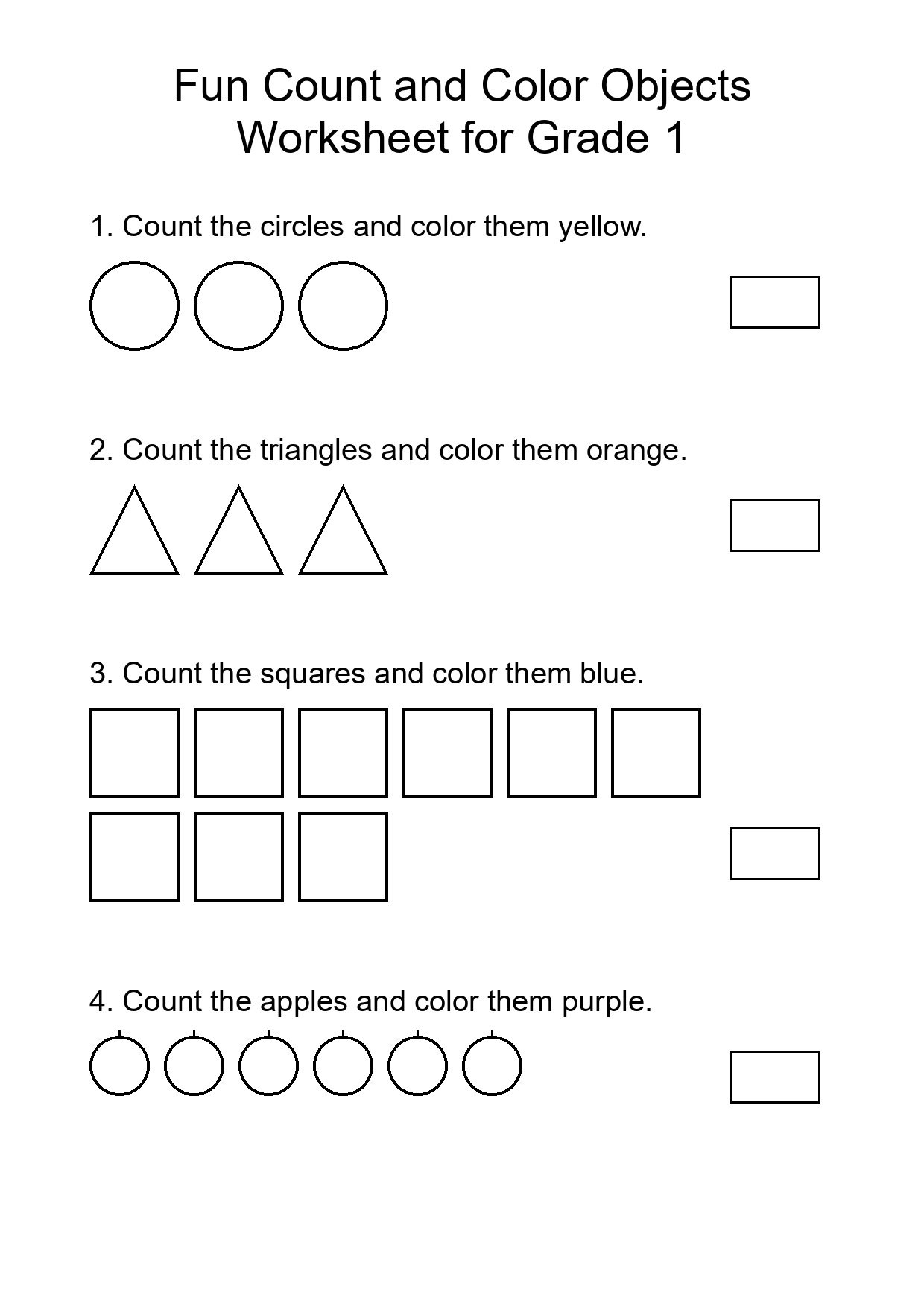 Fun Count and Color Objects Worksheet for Grade 1