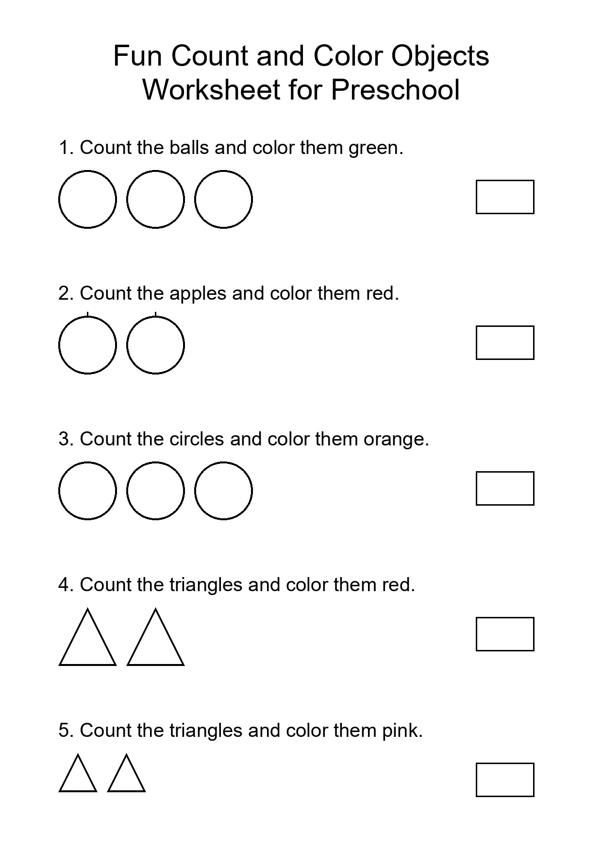 Fun Count and Color Objects Worksheet for Preschool