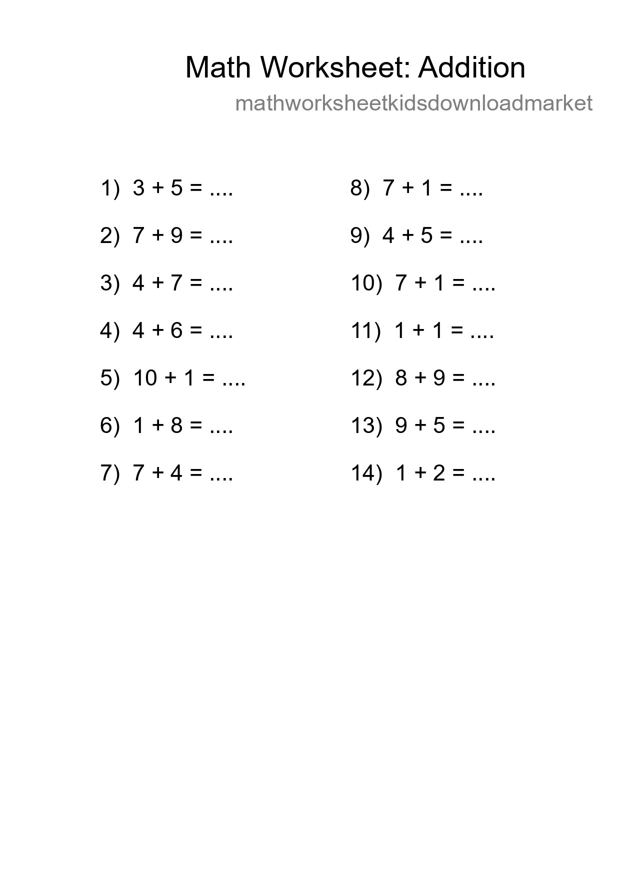 Grade 1 Addition Practice Worksheet (14 Problems) - Part 243