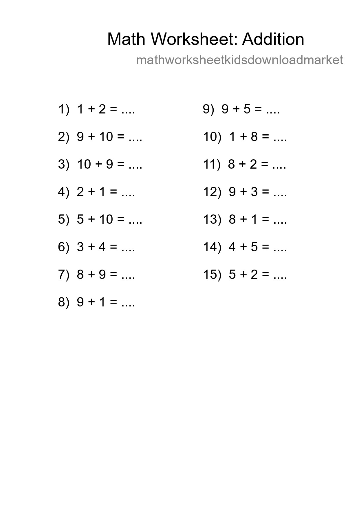 Grade 1 Addition Practice Worksheet (15 Problems) - Part 45