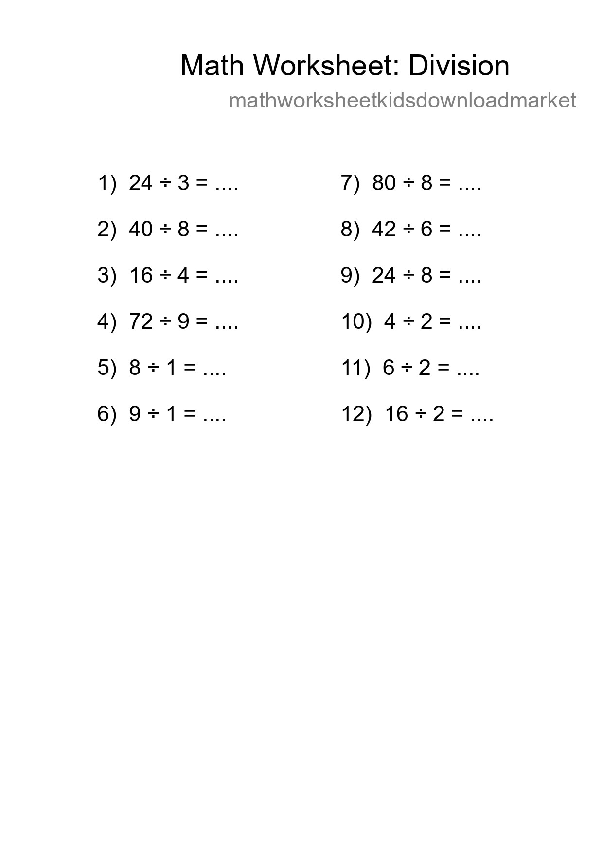 Grade 1 Division Practice Worksheet (12 Problems) - Part 224