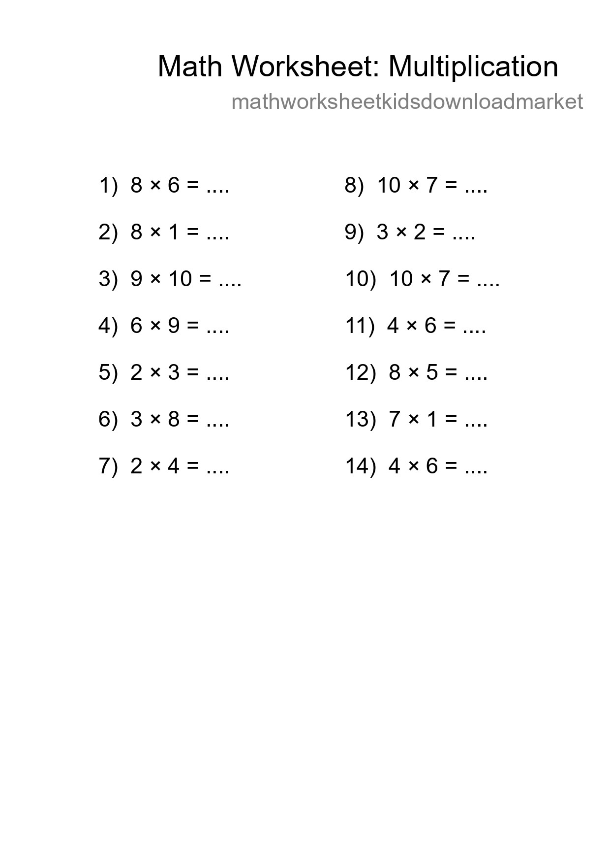 Grade 1 Multiplication Practice Worksheet (14 Problems) - Part 117