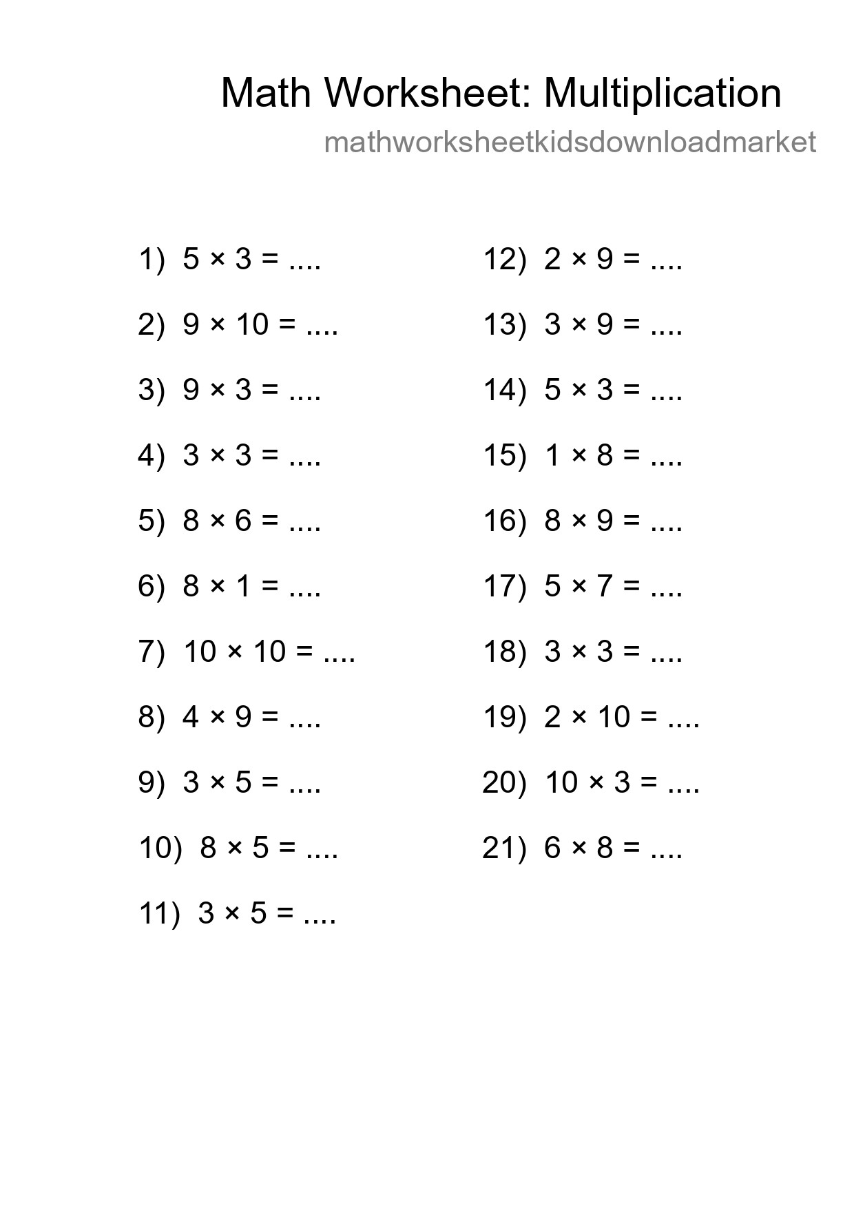 Grade 1 Multiplication Practice Worksheet (21 Problems) - Part 18