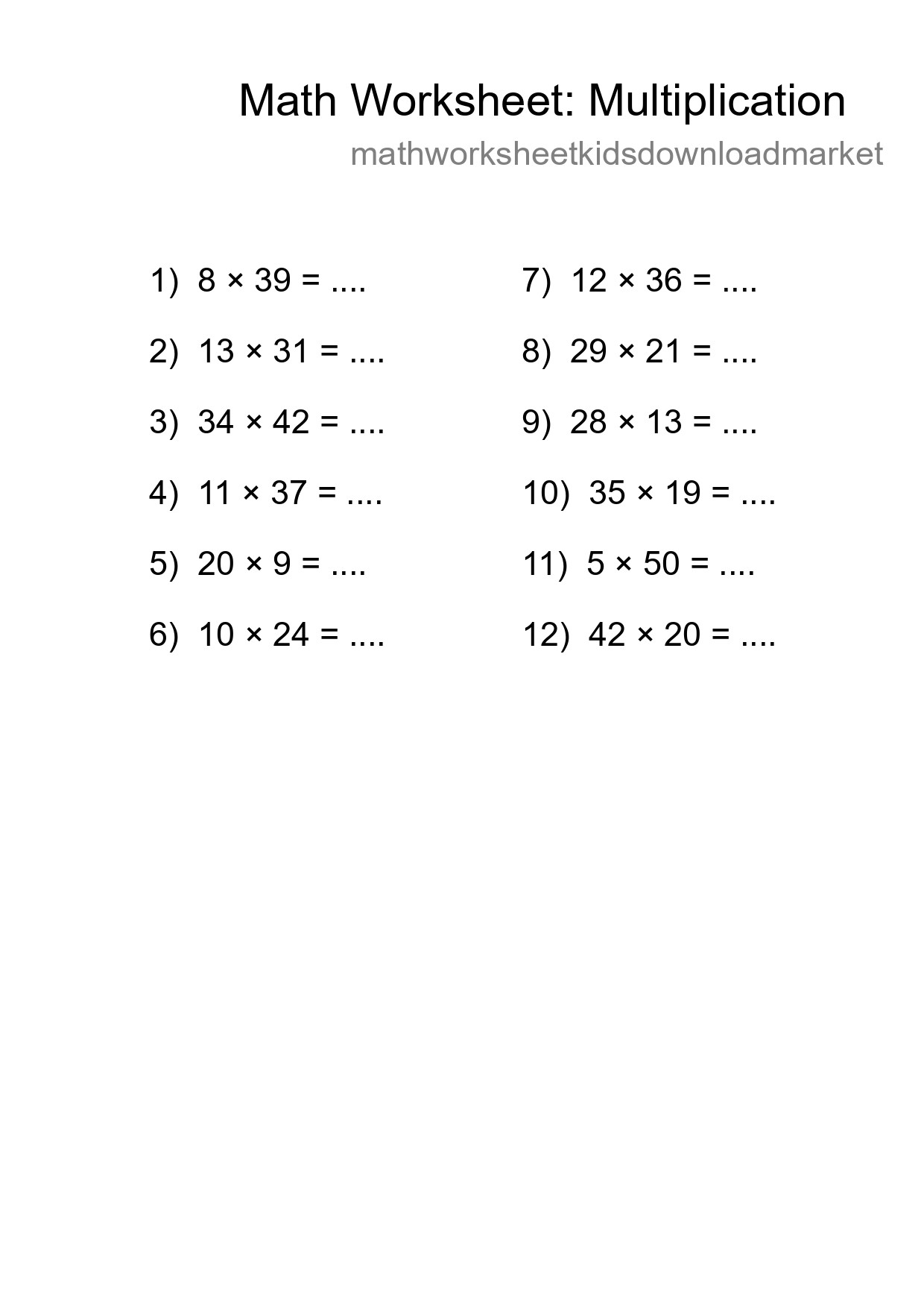 Grade 2 Multiplication Practice Worksheet (12 Problems) - Part 249
