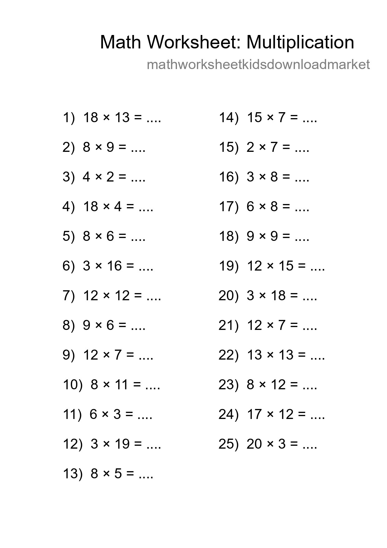Grade 2 Multiplication Practice Worksheet (25 Problems) - Part 216
