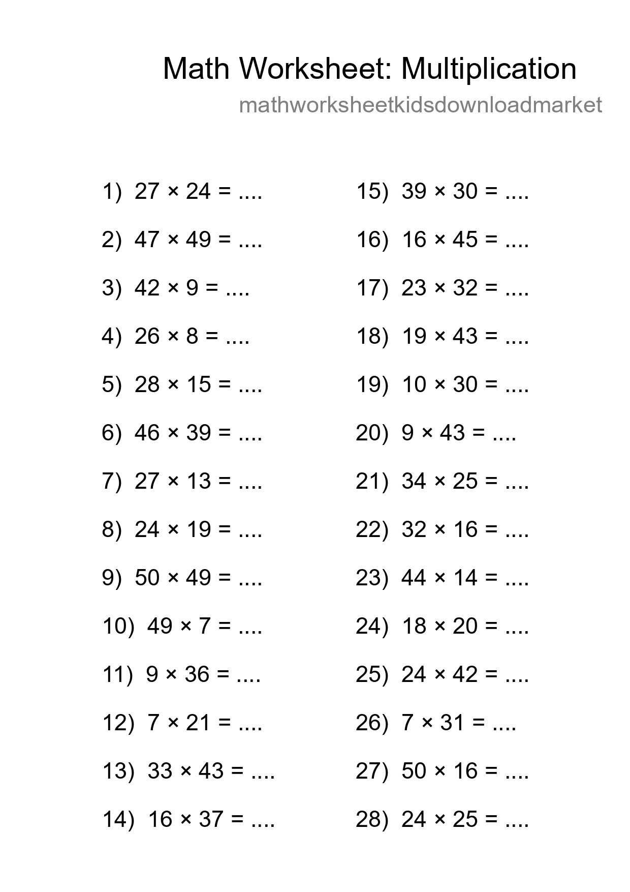 Grade 2 Multiplication Practice Worksheet (28 Problems) - Part 128