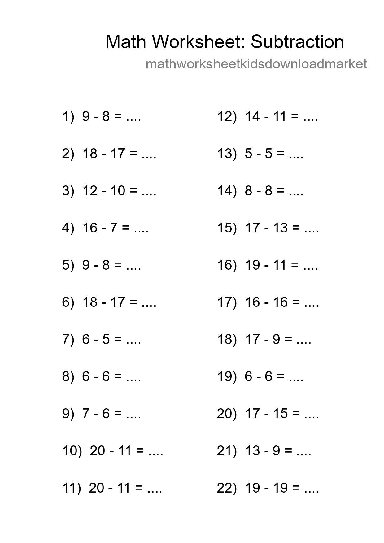 Grade 2 Subtraction Practice Worksheet (22 Problems) - Part 195
