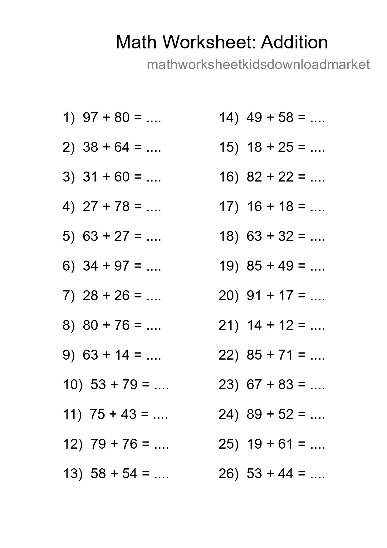 Grade 3 Addition Practice Worksheet (26 Problems) - Part 56