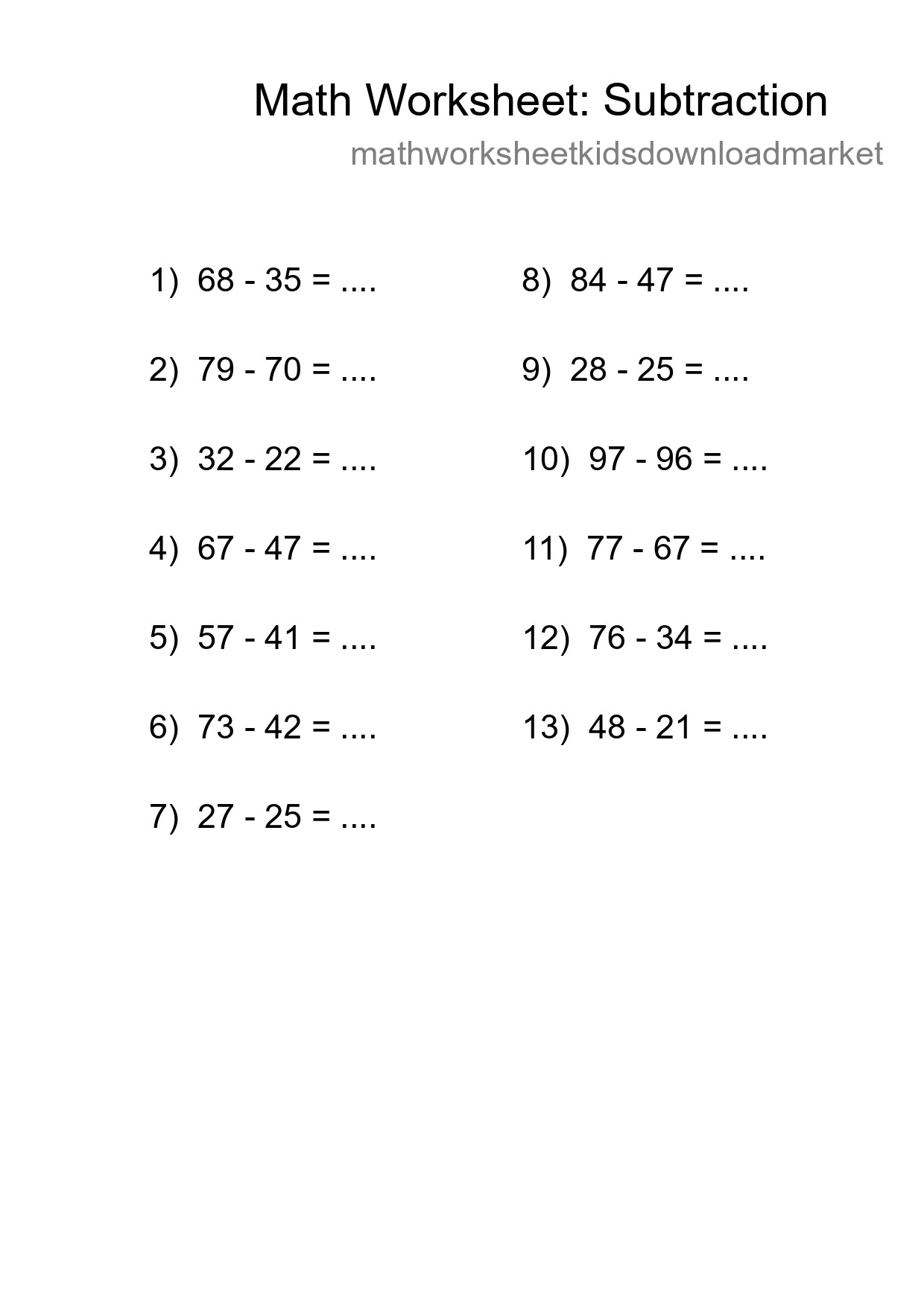 Grade 3 Subtraction Practice Worksheet (13 Problems) - Part 239