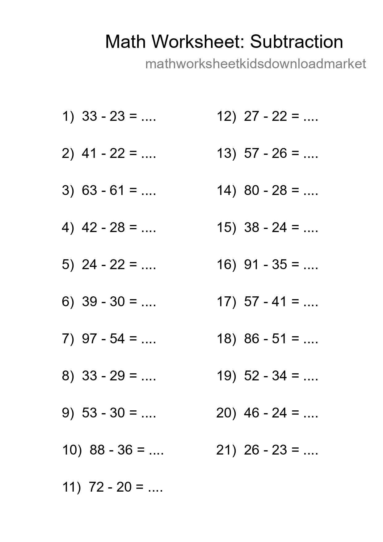 Grade 3 Subtraction Practice Worksheet (21 Problems) - Part 74