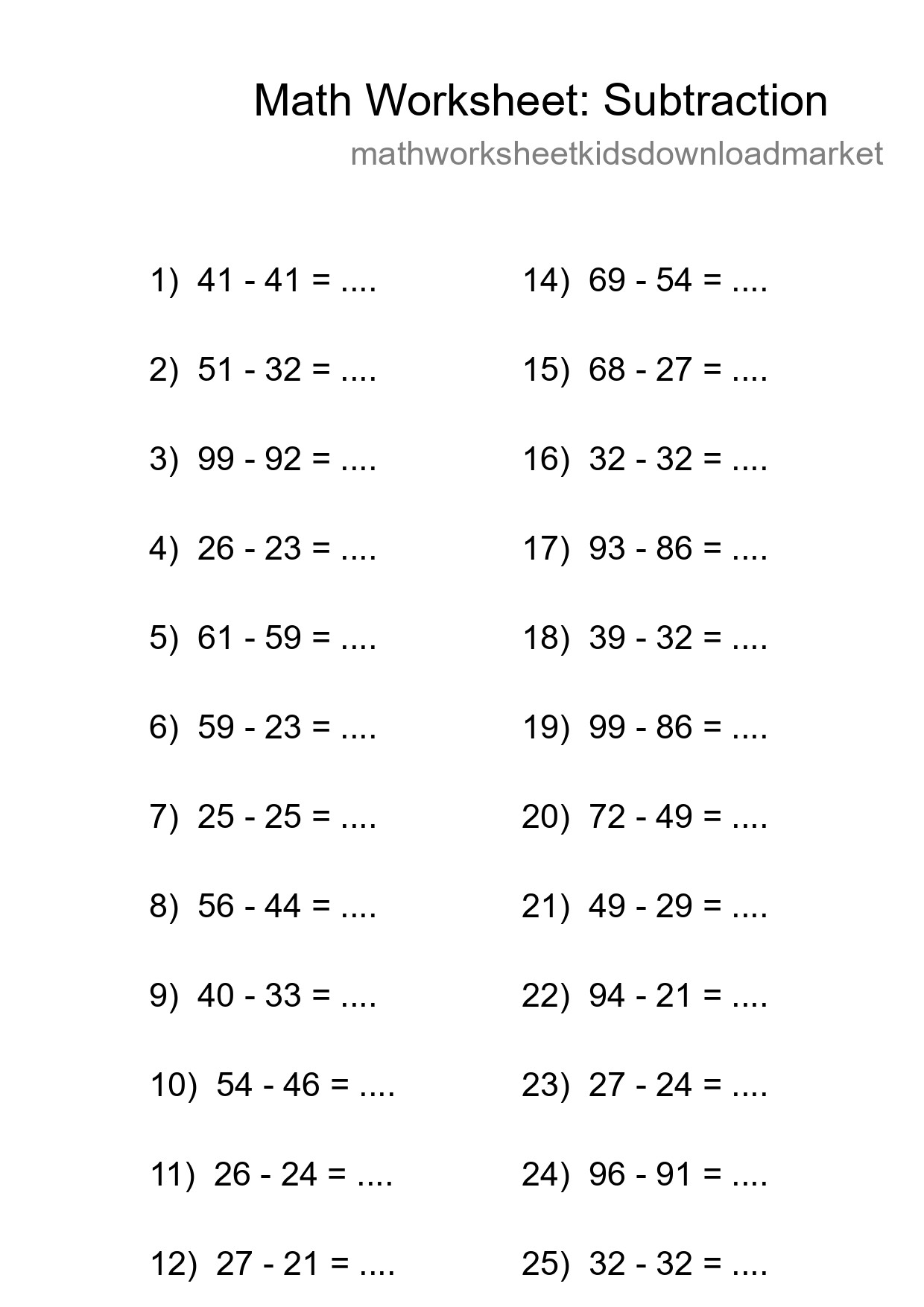 Grade 3 Subtraction Practice Worksheet (25 Problems) - Part 85