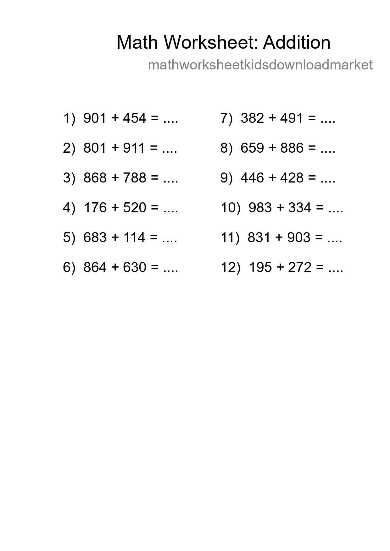 Grade 5 Addition Practice Worksheet (12 Problems) - Part 23