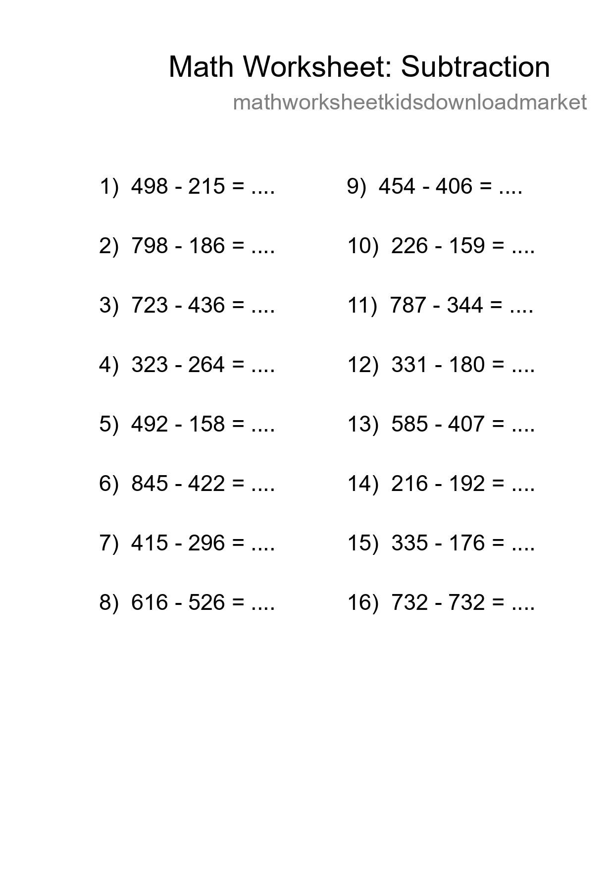 Grade 5 Subtraction Practice Worksheet (16 Problems) - Part 140