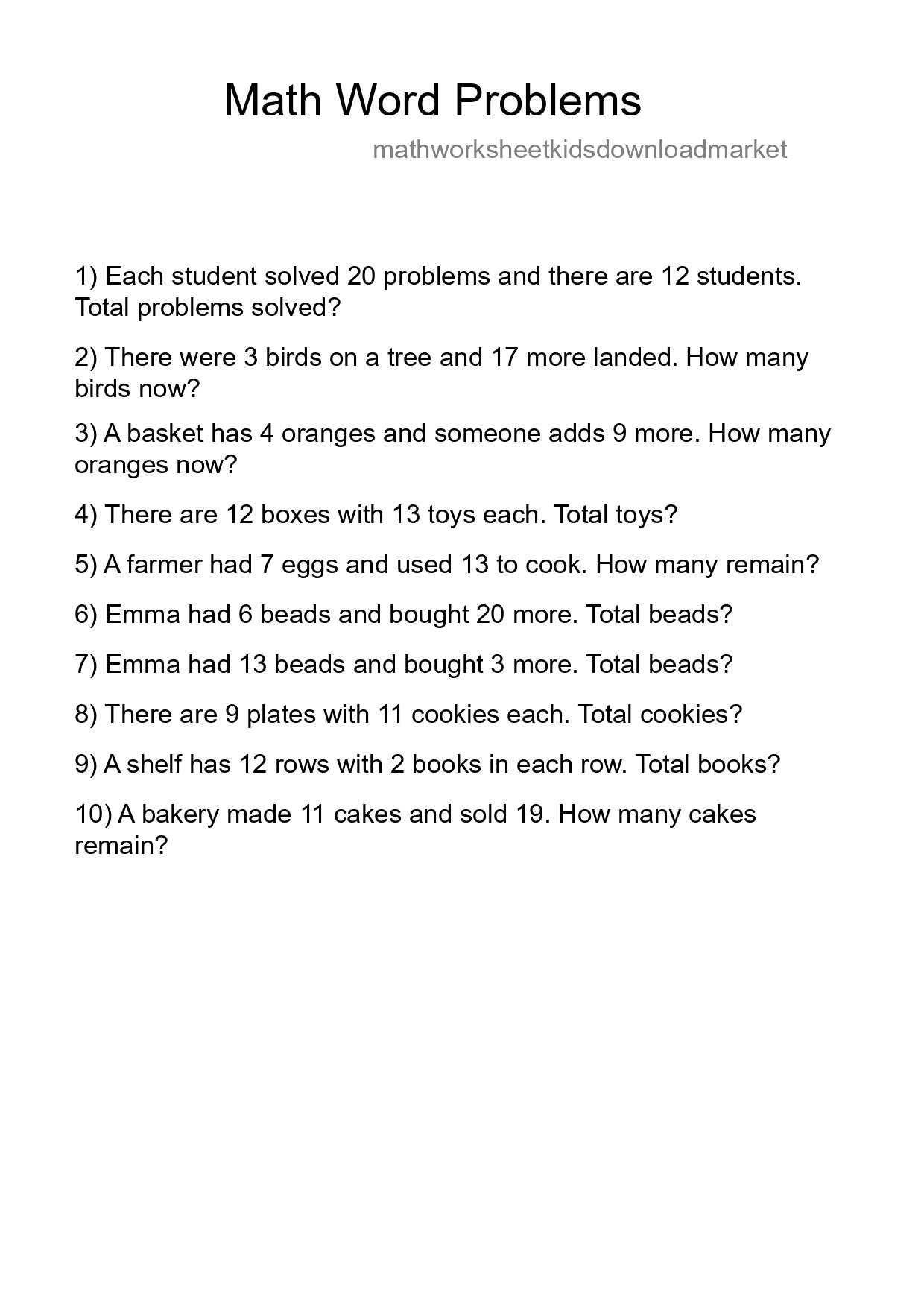 Math Word Problem Worksheet