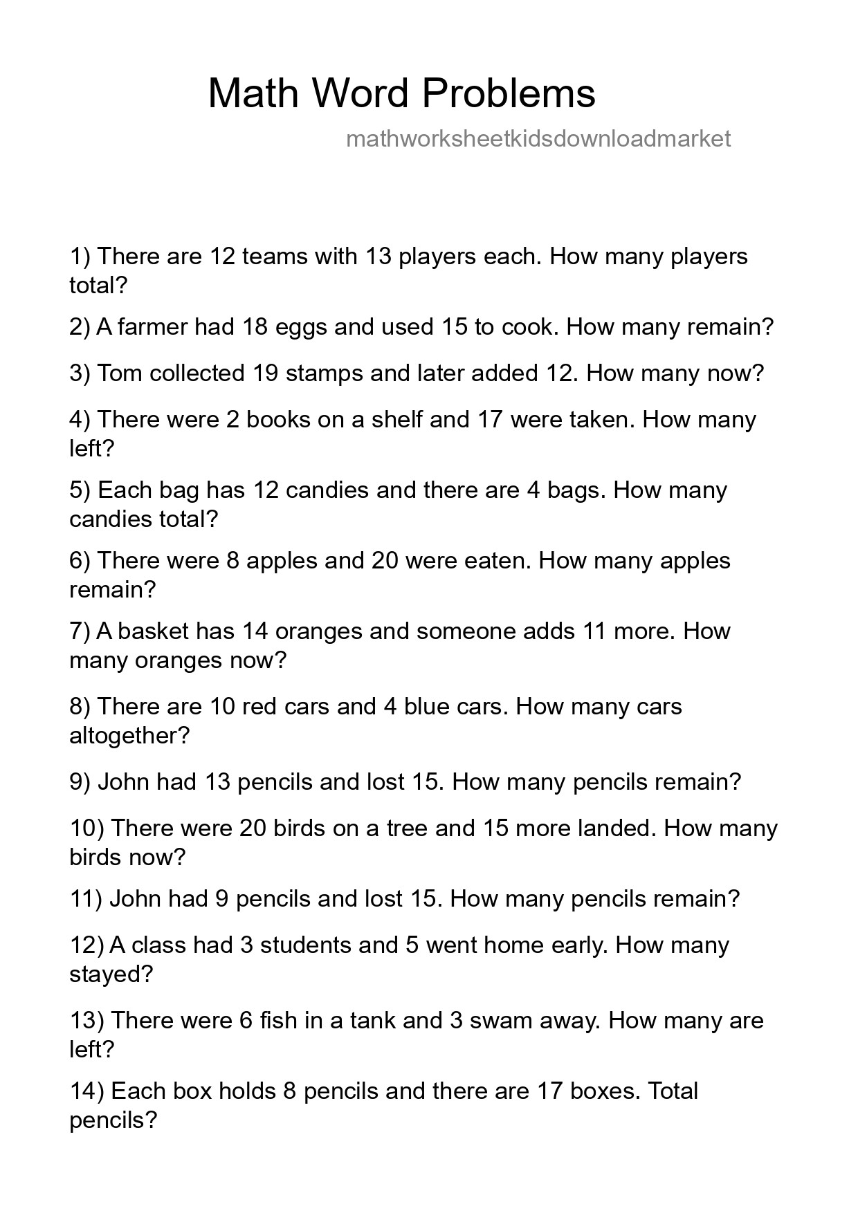 Math Word Problem Worksheet