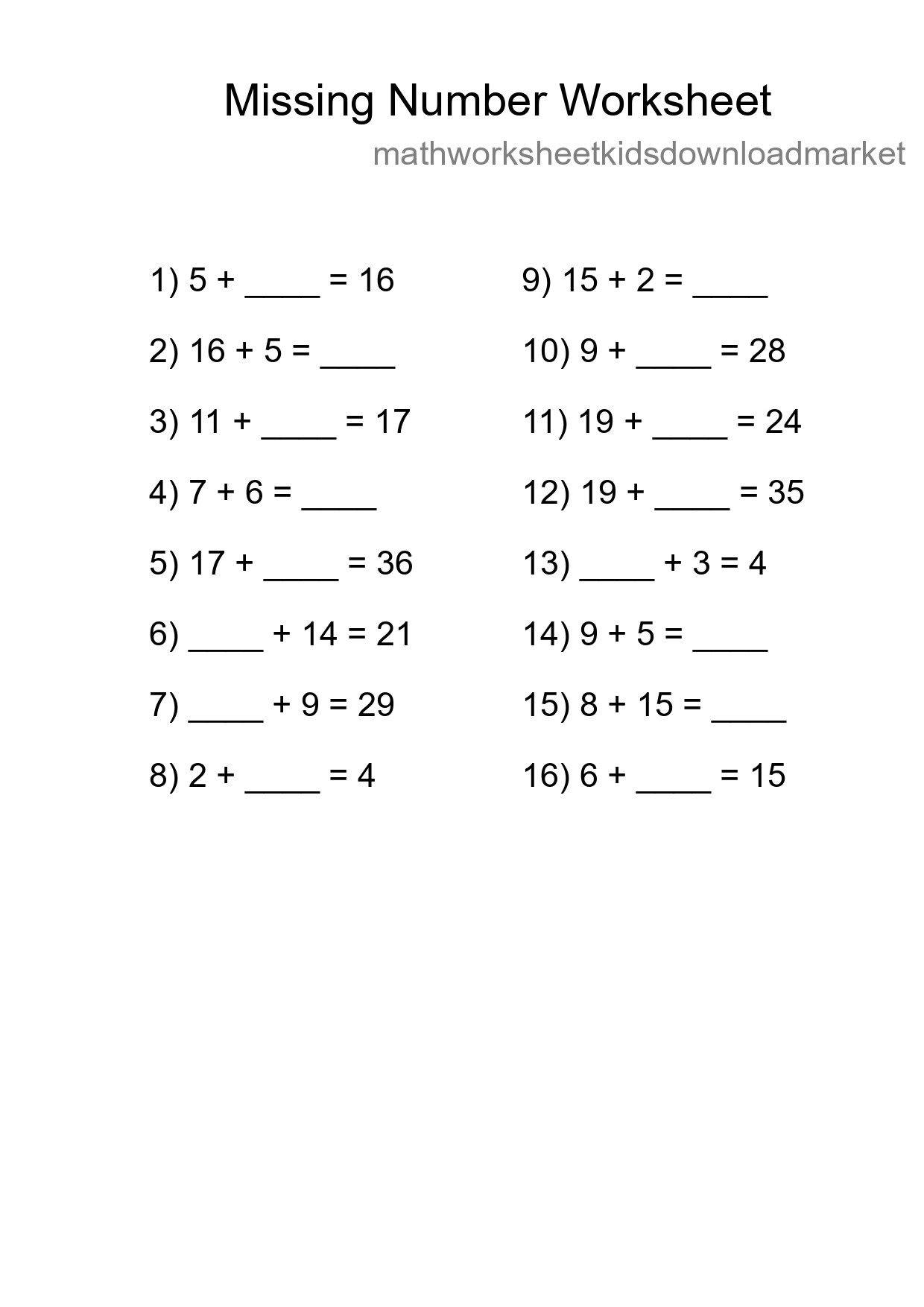Missing Number Math Worksheet