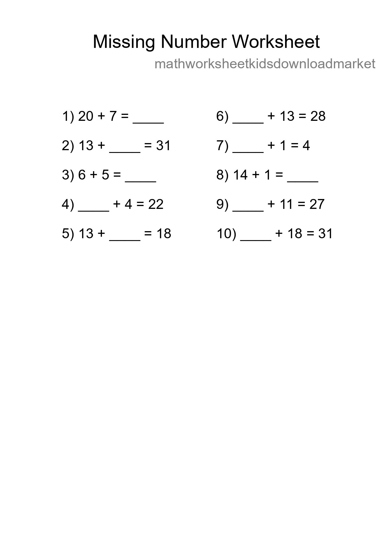 Missing Number Math Worksheet