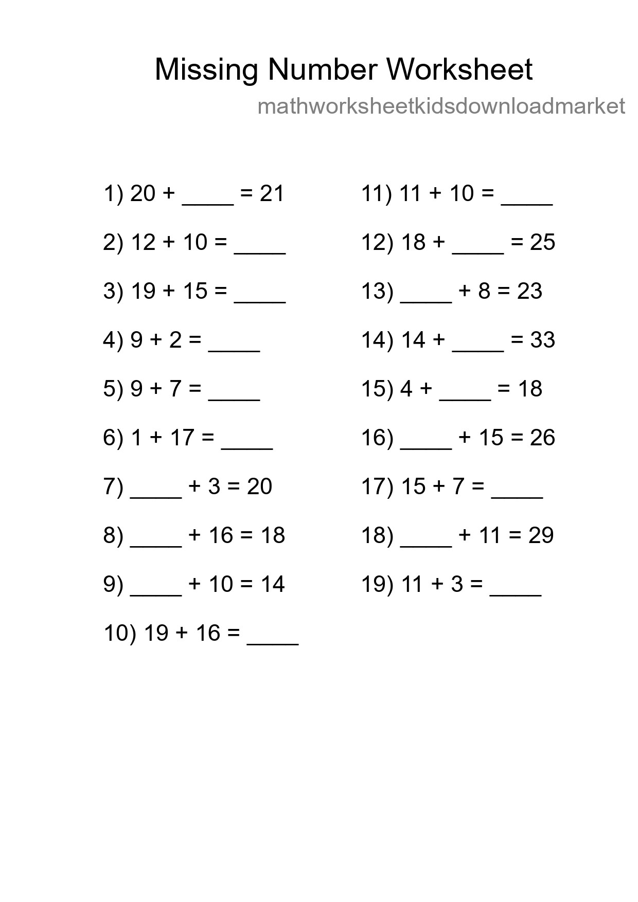 Missing Number Math Worksheet
