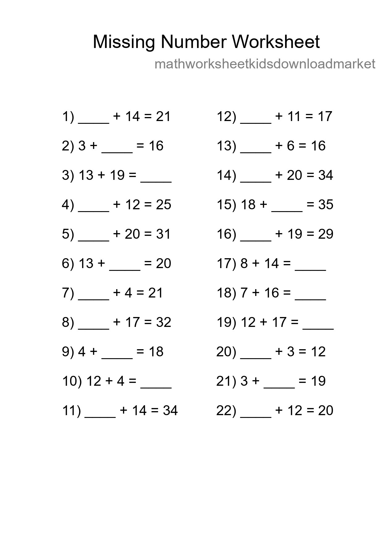 Missing Number Math Worksheet