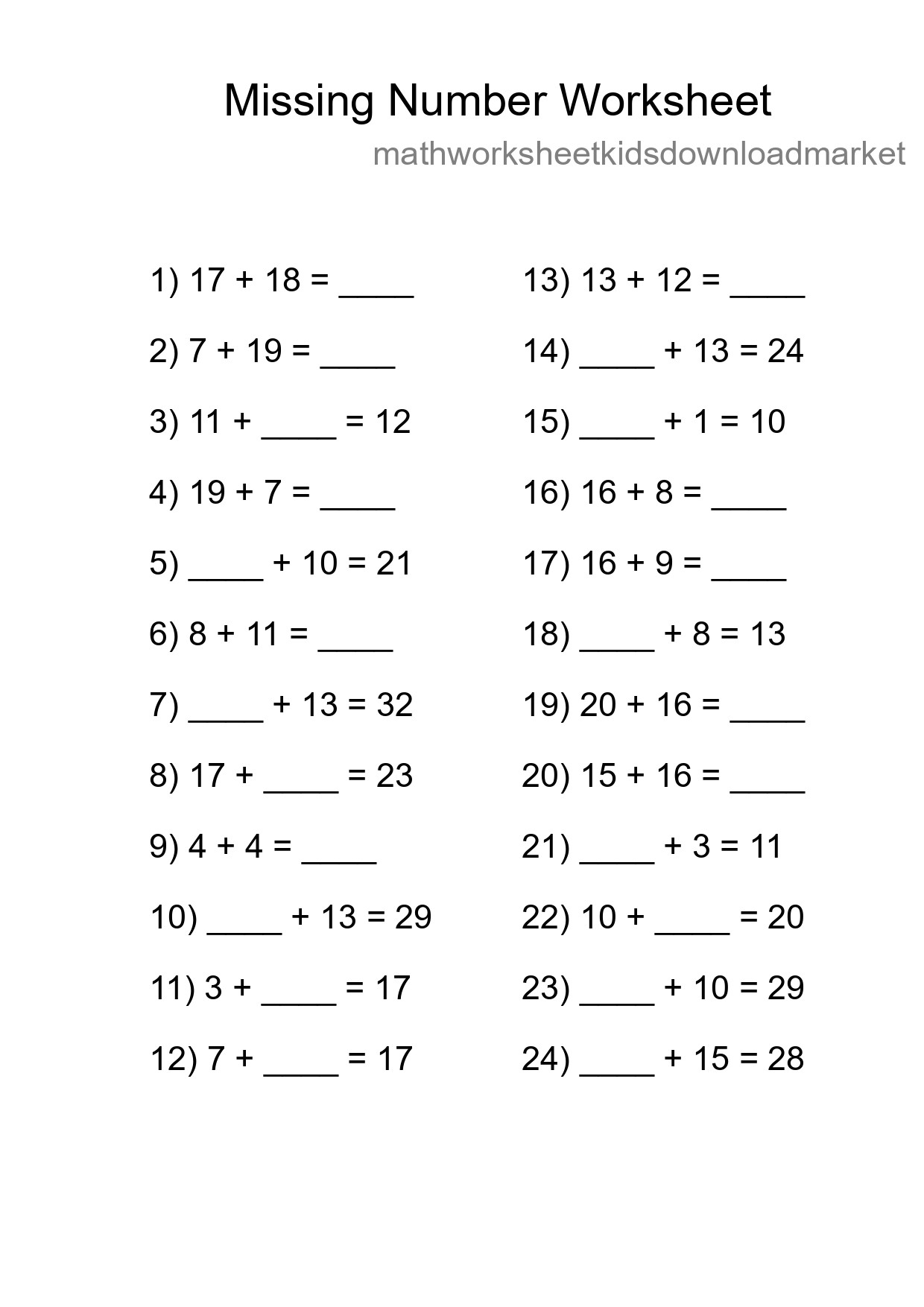 Missing Number Math Worksheet