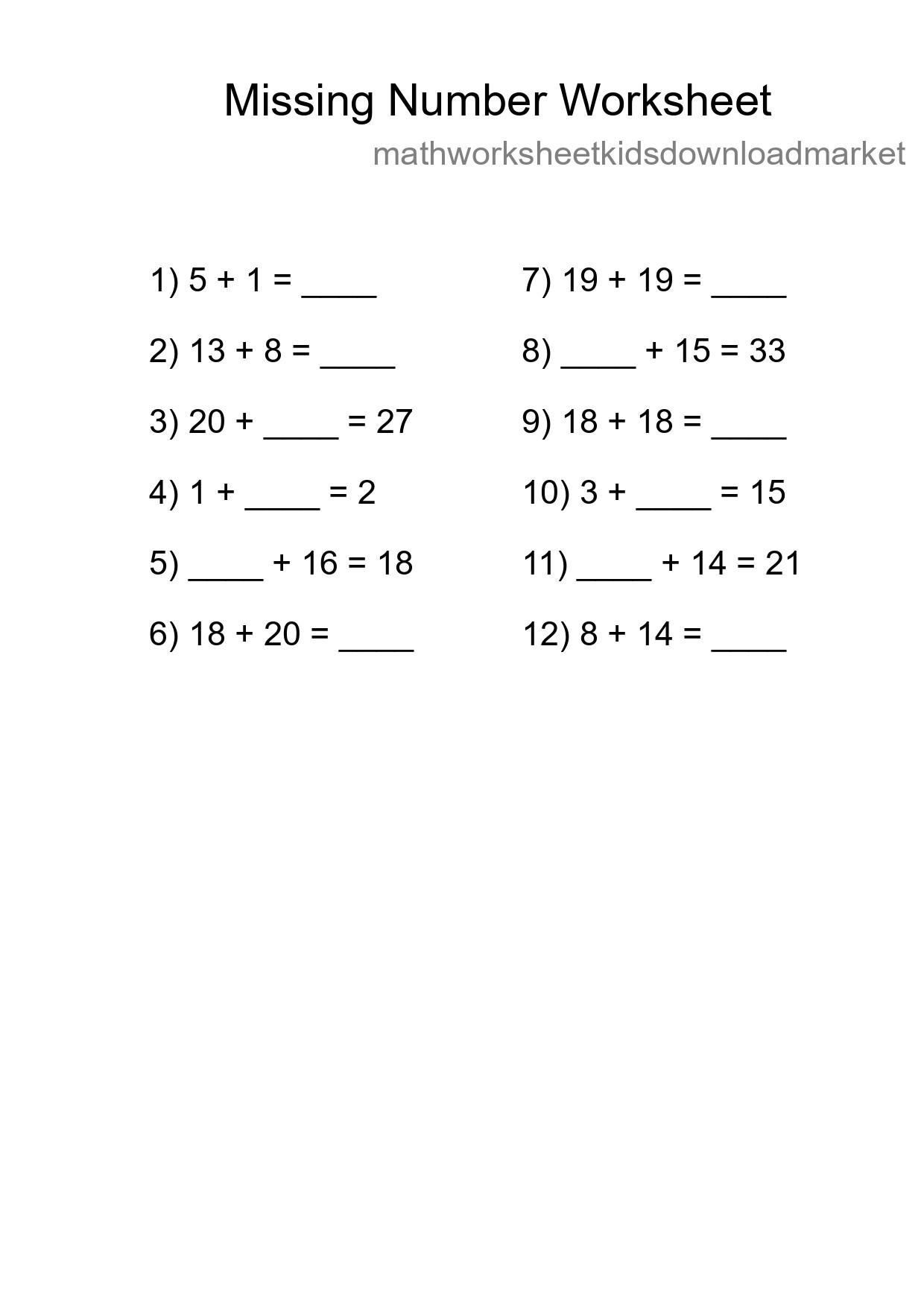 Missing Number Math Worksheet