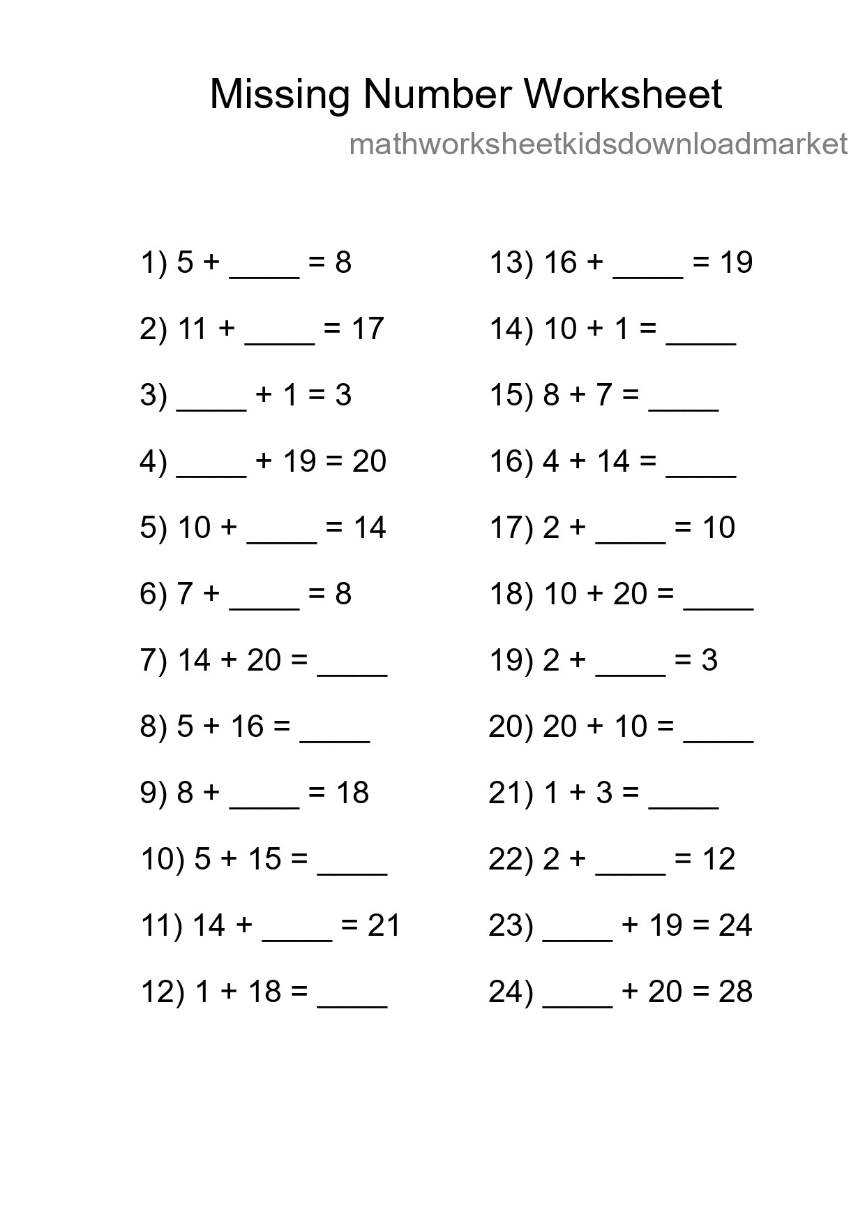 Missing Number Math Worksheet