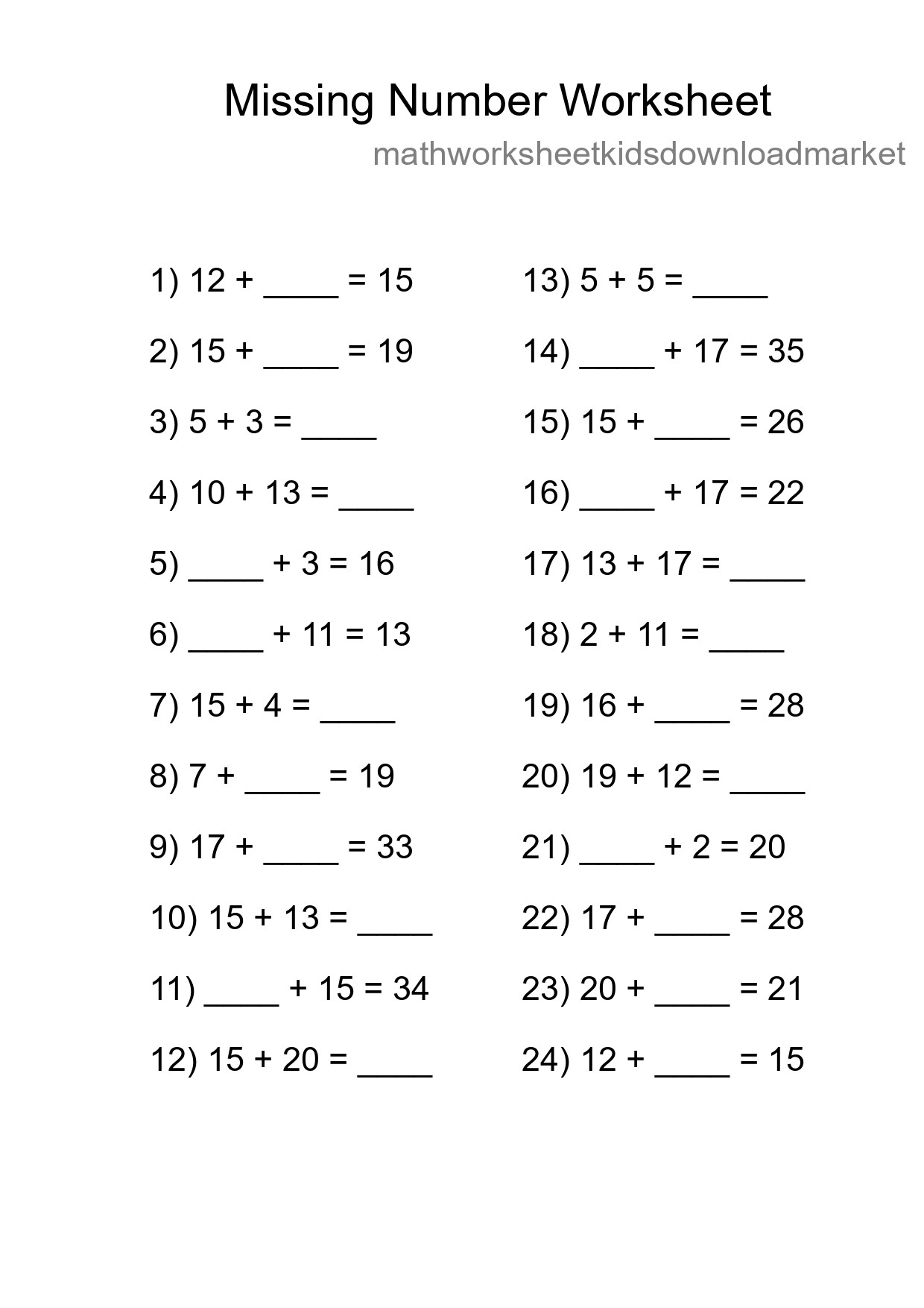 Missing Number Math Worksheet
