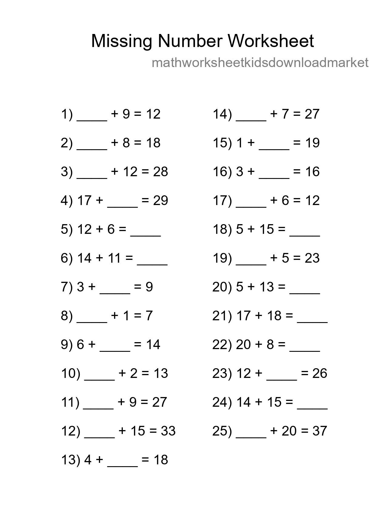 Missing Number Math Worksheet