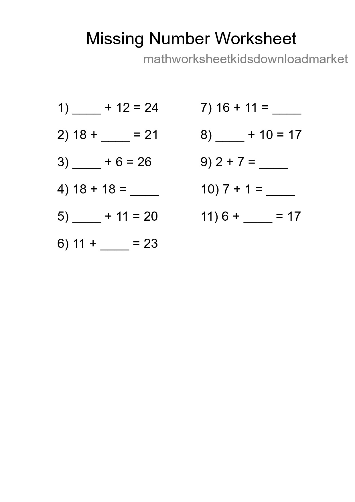 Missing Number Math Worksheet
