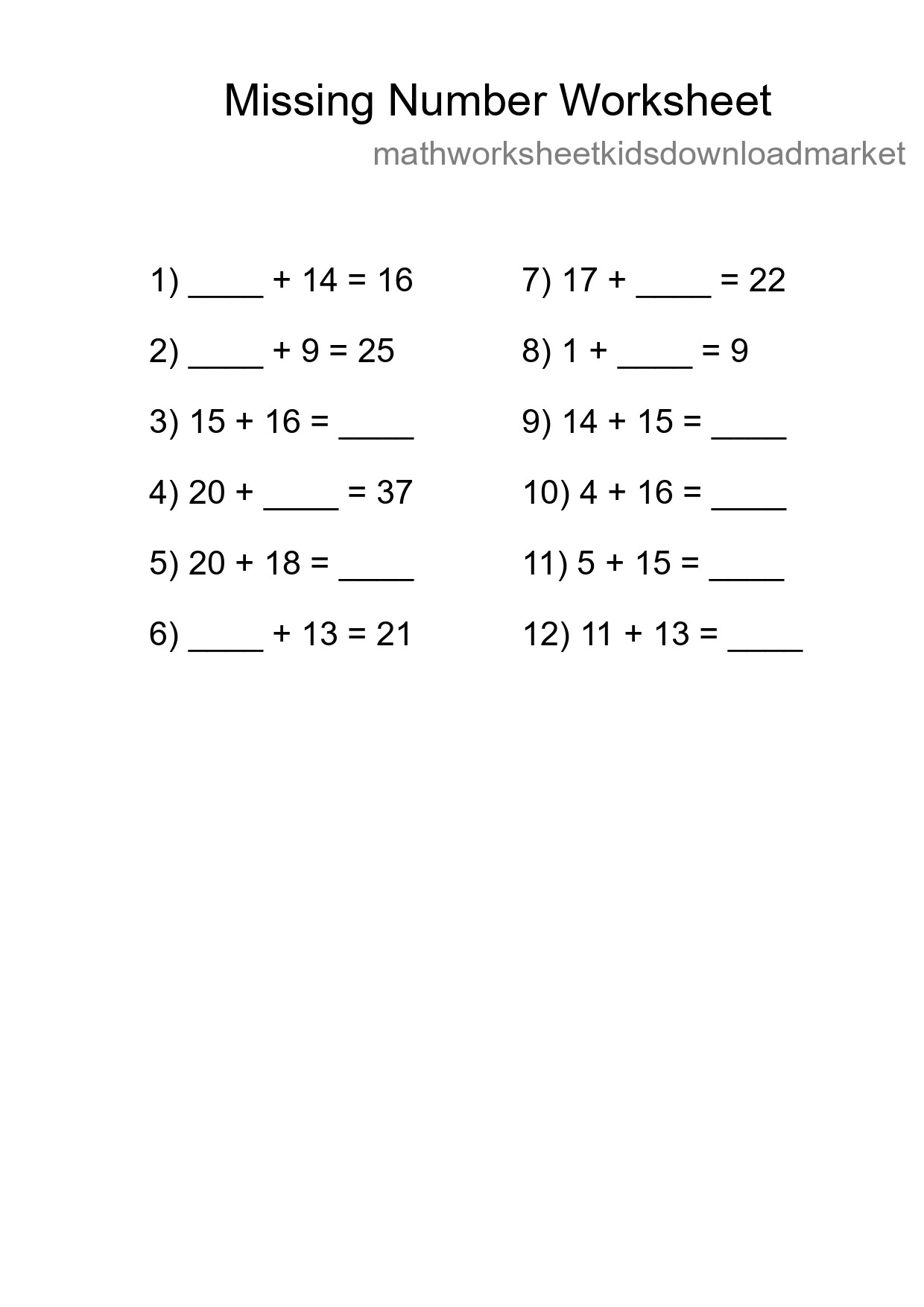 Missing Number Math Worksheet