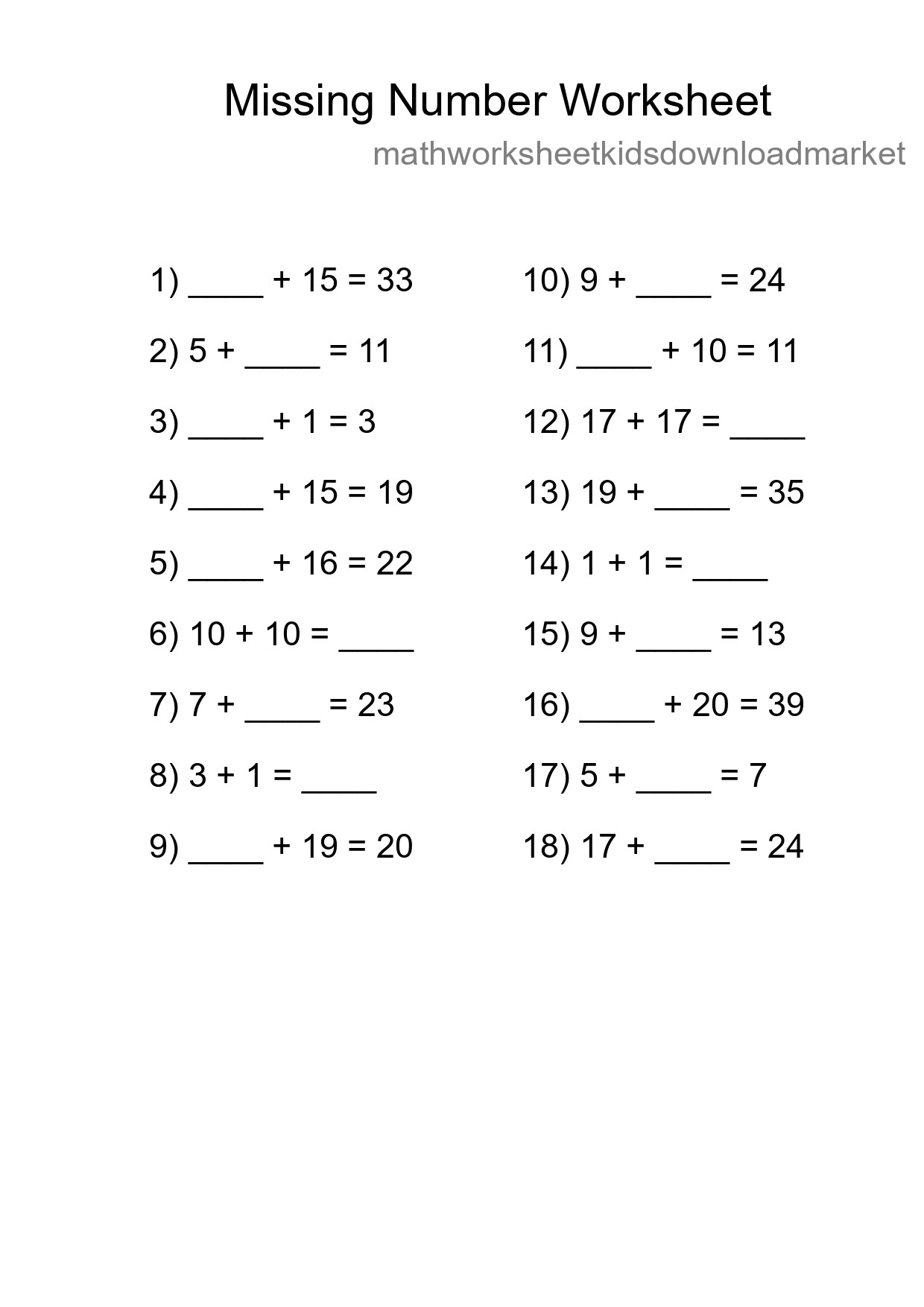 Missing Number Math Worksheet