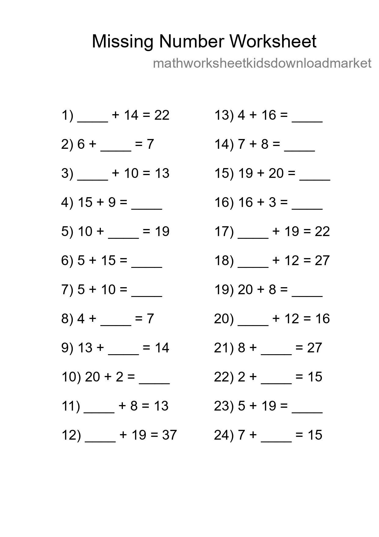 Missing Number Math Worksheet