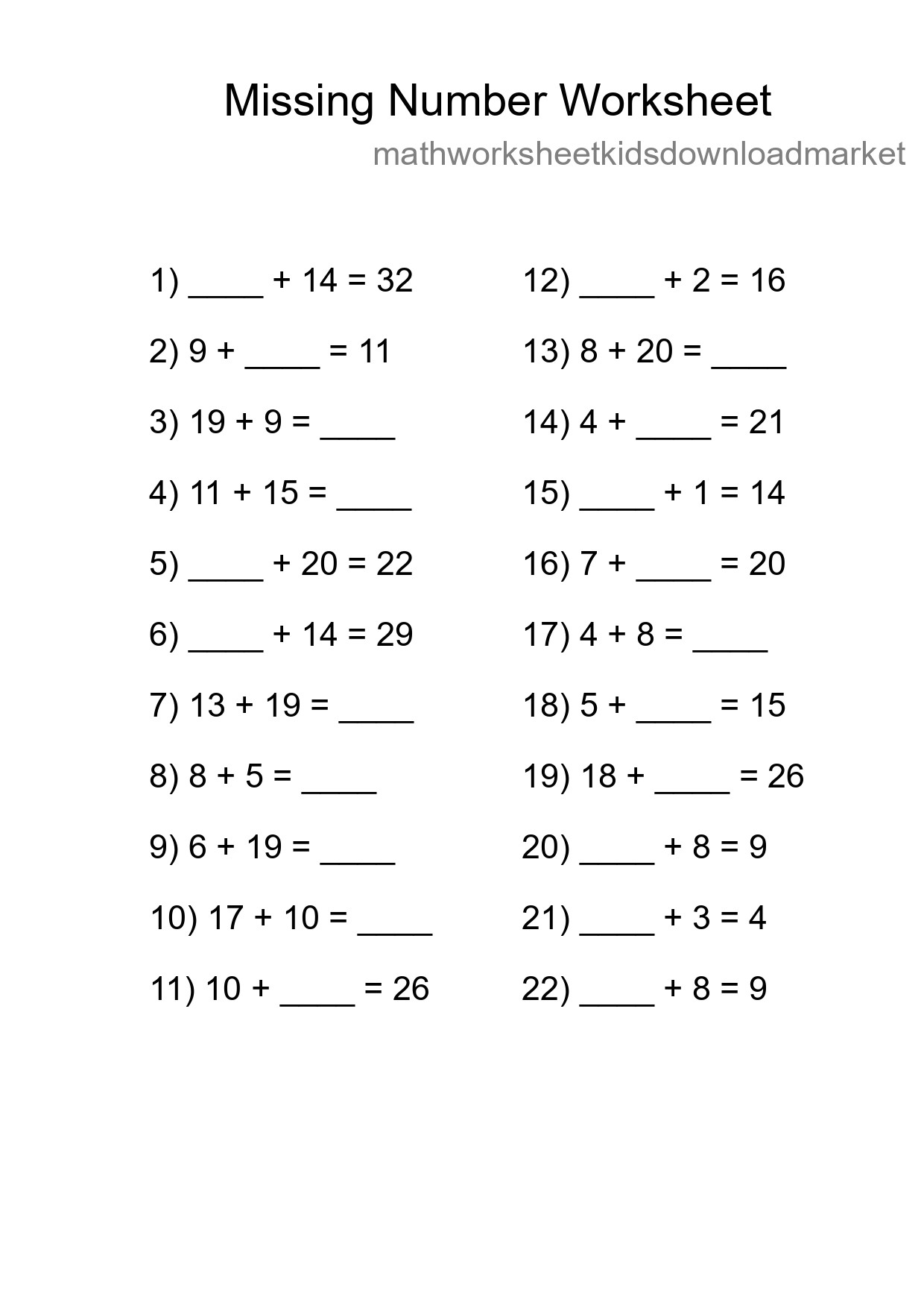 Missing Number Math Worksheet