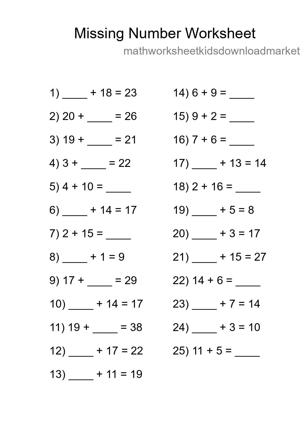 Missing Number Math Worksheet