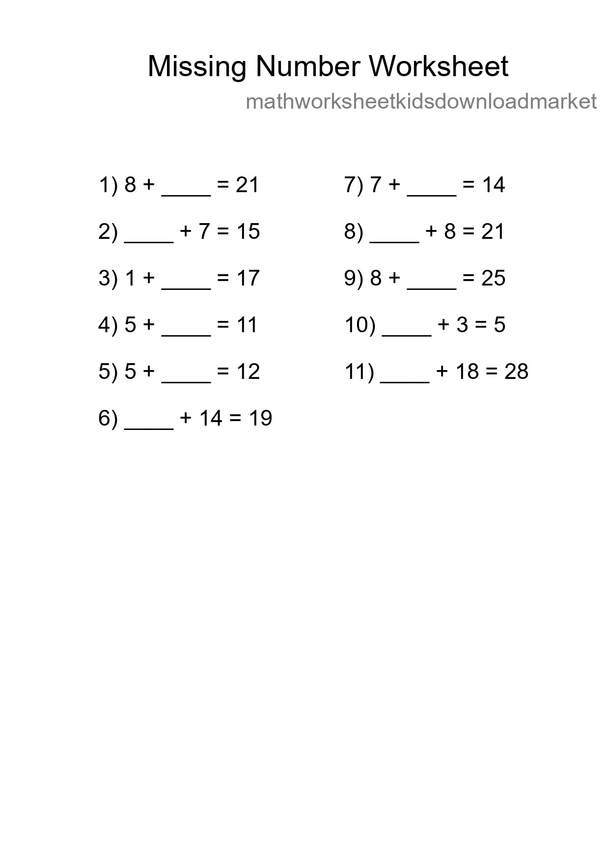 Missing Number Math Worksheet