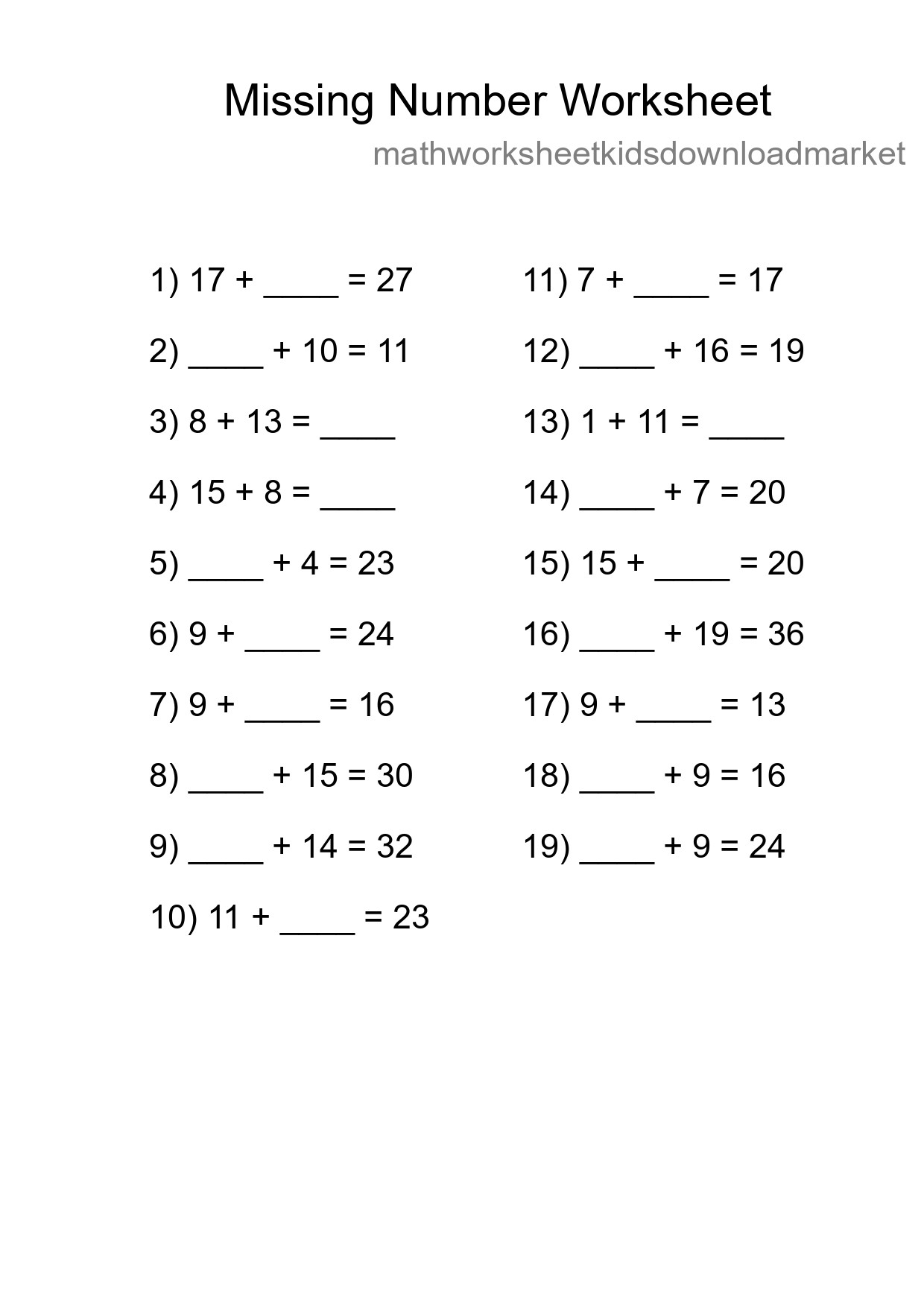 Missing Number Math Worksheet